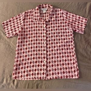 Red and light pink diamond check button down size large rope and dot print